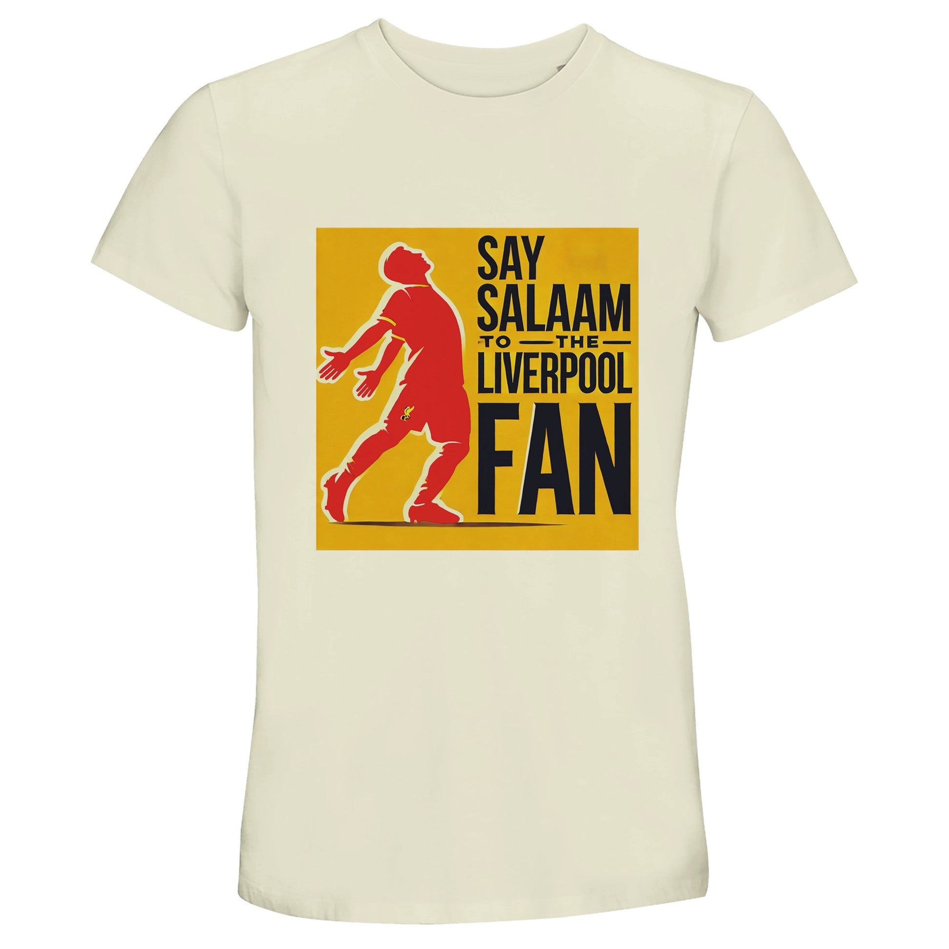 Say Salaam to the Liverpool Fan Design #5 50% Recycled Unisex Cotton T-Shirt – Natural / Oatstone featuring a bold red outline of Mo Salah in full celebration pose, set against a gold panel and black text. Designed for Muslim Liverpool supporters who find pride in both their team and Salah’s humble Sujood after scoring. A soft recycled cotton tee combining faith, football, and fashion in one breathable fit. For fans who know the rhythm of Anfield and the meaning of Alhamdulillah in every goal.