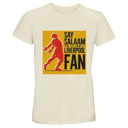 Say Salaam to the Liverpool Fan Design #5 50% Recycled Unisex Cotton T-Shirt – Natural / Oatstone featuring a bold red outline of Mo Salah in full celebration pose, set against a gold panel and black text. Designed for Muslim Liverpool supporters who find pride in both their team and Salah’s humble Sujood after scoring. A soft recycled cotton tee combining faith, football, and fashion in one breathable fit. For fans who know the rhythm of Anfield and the meaning of Alhamdulillah in every goal.