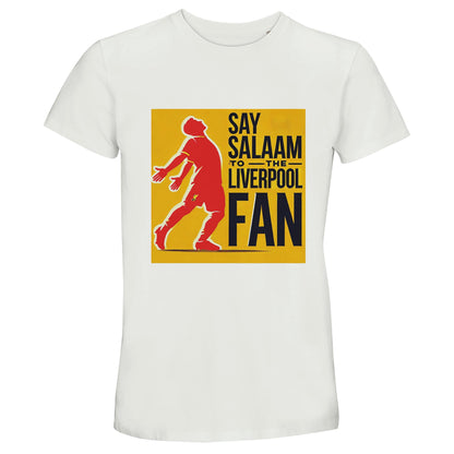 Say Salaam to the Liverpool Fan Design #5 50% Recycled Unisex Cotton T-Shirt – White / Platinum featuring a red silhouette of Mo Salah in his iconic open-arm goal celebration, framed by a gold block and bold black type. A modest streetwear tee for Muslim fans who see their faith reflected in Salah’s prayerful style of play. Made from soft recycled cotton, it celebrates football, belief, and the joy of saying Salaam after the whistle blows. Everyday wear for those who cheer the Egyptian King and the Reds.