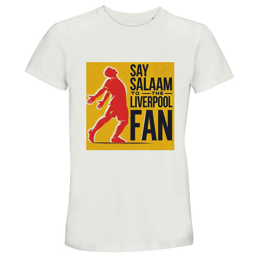 Say Salaam to the Liverpool Fan Design #5 50% Recycled Unisex Cotton T-Shirt – White / Platinum featuring a red silhouette of Mo Salah in his iconic open-arm goal celebration, framed by a gold block and bold black type. A modest streetwear tee for Muslim fans who see their faith reflected in Salah’s prayerful style of play. Made from soft recycled cotton, it celebrates football, belief, and the joy of saying Salaam after the whistle blows. Everyday wear for those who cheer the Egyptian King and the Reds.