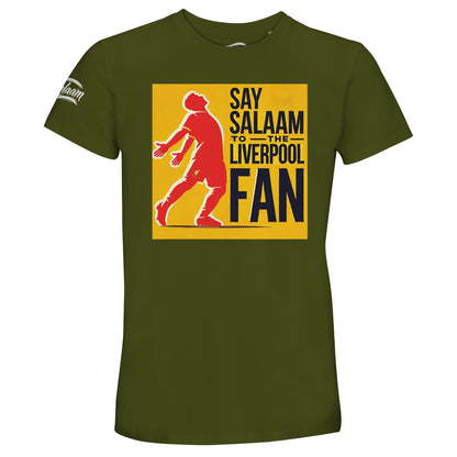 Say Salaam to the Liverpool Fan, Design #5, on an Army 50% recycled unisex cotton T-shirt. The Army colour is also known as olive green and earthy fuscous grey. Front-view mock-up showing the Say Salaam graphic printed on a short-sleeved crew-neck tee. For Liverpool FC, Reds and Anfield fans. Casual graphic clothing for men and women, suitable for matchdays, weekends, modest streetwear and gifts. This photograph shows the Army garment and its front design.