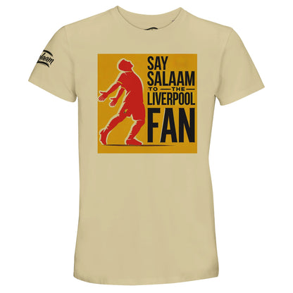 Say Salaam to the Liverpool Fan, Design #5, on a Natural 50% recycled unisex cotton T-shirt. The Natural colour is also known as warm beige, off-white, oatmeal and satin linen. Front-view mock-up showing the Say Salaam graphic printed on a short-sleeved crew-neck tee. For Liverpool FC, Reds and Anfield fans. Casual graphic clothing for men and women, suitable for matchdays, weekends, modest streetwear and gifts. This photograph shows the Natural garment and its front design.