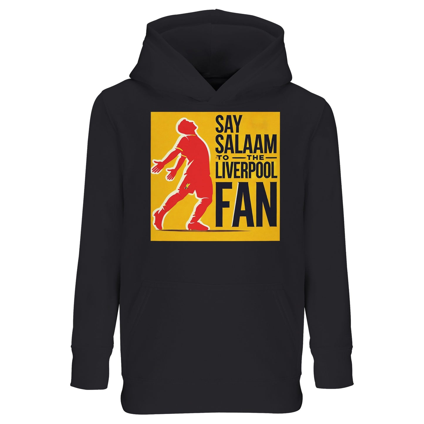 Say Salaam to the Liverpool Fan Design #5 Kids Hoodie – Black / Onyx featuring a red Mo Salah silhouette striking his signature pose against a golden square and sharp black text. Combining recycled cotton and polyester, it offers comfort, modest coverage, and football flair in equal measure. A hoodie for young Muslim supporters who find inspiration in Salah’s balance of devotion and discipline — ready to cheer Liverpool, from Friday prayers to full-time whistles.