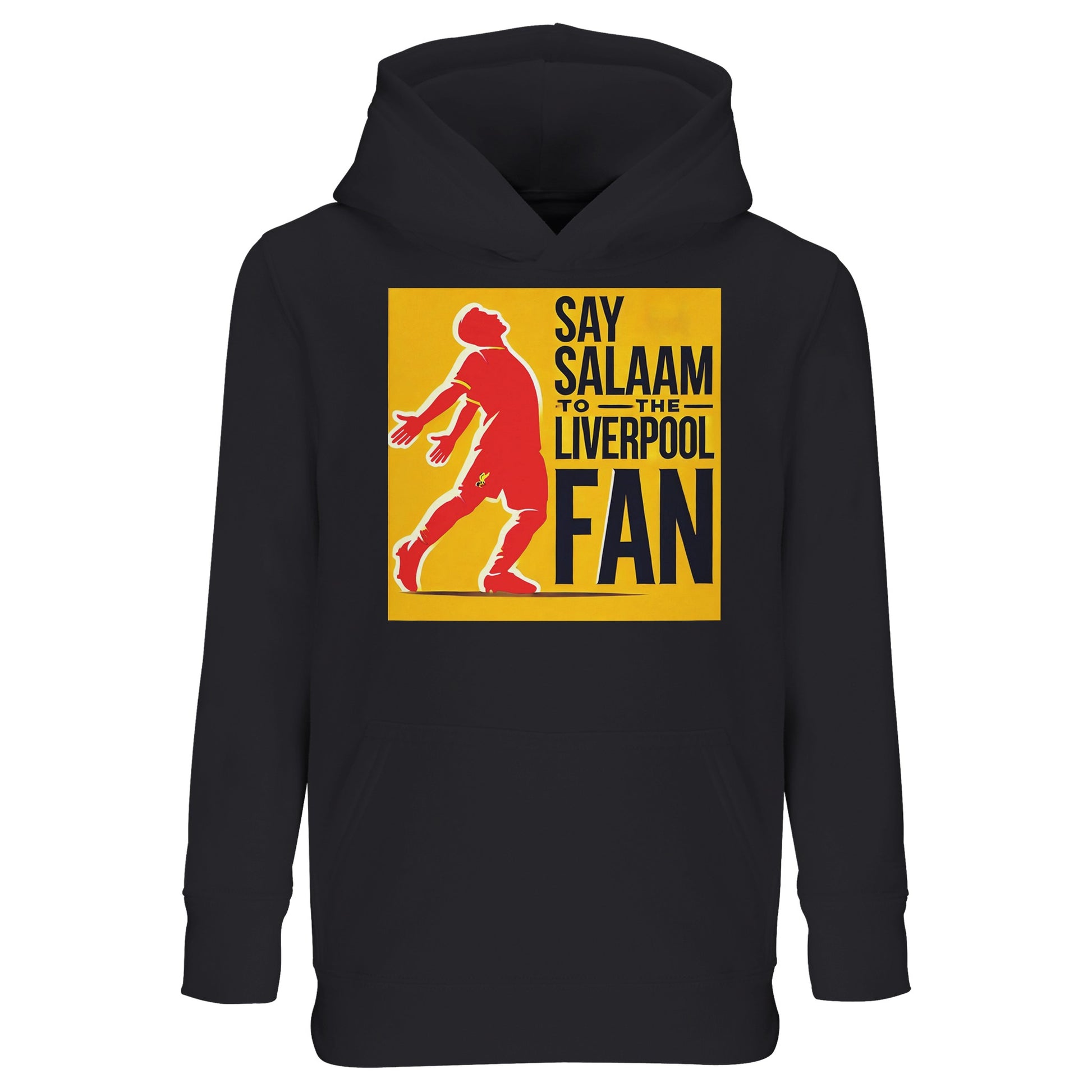 Say Salaam to the Liverpool Fan Design #5 Kids Hoodie – Black / Onyx featuring a red Mo Salah silhouette striking his signature pose against a golden square and sharp black text. Combining recycled cotton and polyester, it offers comfort, modest coverage, and football flair in equal measure. A hoodie for young Muslim supporters who find inspiration in Salah’s balance of devotion and discipline — ready to cheer Liverpool, from Friday prayers to full-time whistles.
