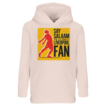 Say Salaam to the Liverpool Fan Design #5 Kids Hoodie – Creamy Pink featuring the famous Mo Salah silhouette in deep red, arms outstretched across a golden square that shouts faith, humility, and celebration. Crafted from a cosy recycled cotton-poly blend, it’s made for Muslim football fans who see their heroes not only in stadium lights but in Sujood after goals. A fun, durable hoodie for little Reds who live and breathe football, faith, and the power of saying Salaam.