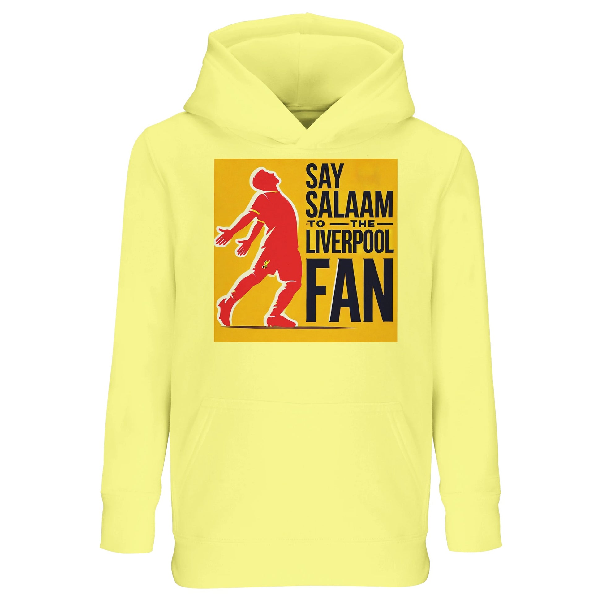 Say Salaam to the Liverpool Fan Design #5 Kids Hoodie – Light Yellow featuring a bold red Mo Salah celebration pose outlined over a warm golden canvas with confident black typography. This recycled cotton-poly hoodie brings Anfield energy and prayer-time poise into every wear. Soft, breathable, and easy to care for, it’s perfect for young Muslim fans who cheer Liverpool between lessons, prayers, or kickabouts — where every goal begins and ends with Salaam.
