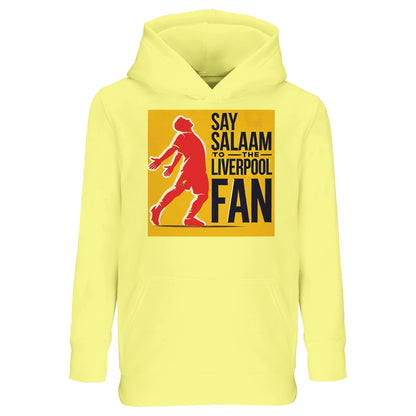 Say Salaam to the Liverpool Fan Design #5 Kids Hoodie – Light Yellow featuring a bold red Mo Salah celebration pose outlined over a warm golden canvas with confident black typography. This recycled cotton-poly hoodie brings Anfield energy and prayer-time poise into every wear. Soft, breathable, and easy to care for, it’s perfect for young Muslim fans who cheer Liverpool between lessons, prayers, or kickabouts — where every goal begins and ends with Salaam.
