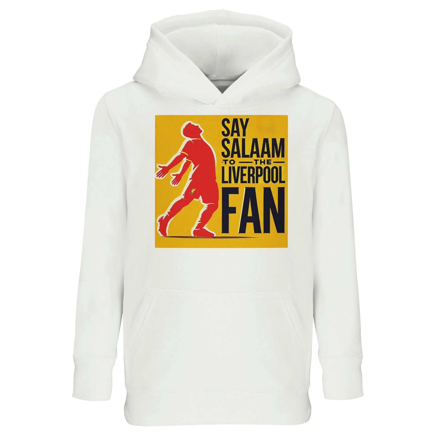Say Salaam to the Liverpool Fan Design #5 Kids Hoodie – White / Platinum featuring a vivid red silhouette of Mo Salah in his trademark goal celebration, framed by gold and bold black lettering. Made from soft recycled cotton-poly fleece, this modest unisex hoodie keeps young Muslim fans warm through prayer breaks, playground games, and matchday cheers. A tribute to Salah’s faith-filled style and Liverpool’s legacy, blending comfort, identity, and football joy in one iconic look.