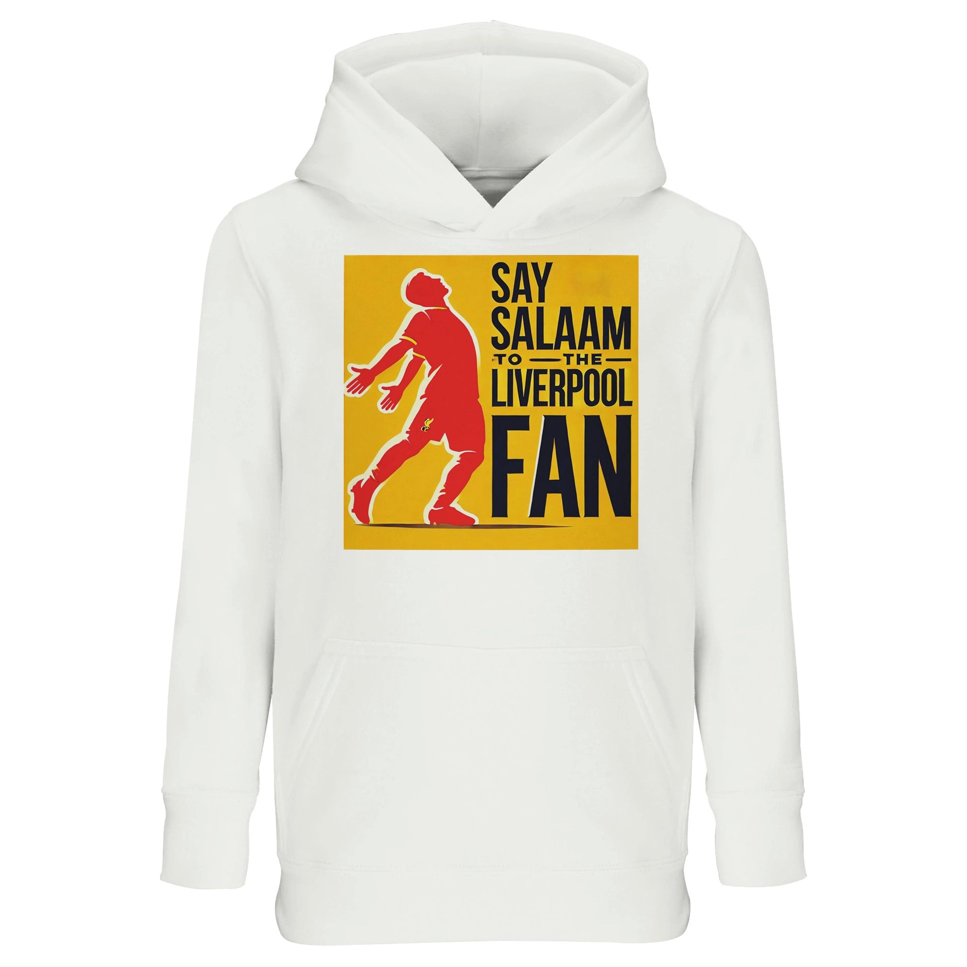 Say Salaam to the Liverpool Fan Design #5 Kids Hoodie – White / Platinum featuring a vivid red silhouette of Mo Salah in his trademark goal celebration, framed by gold and bold black lettering. Made from soft recycled cotton-poly fleece, this modest unisex hoodie keeps young Muslim fans warm through prayer breaks, playground games, and matchday cheers. A tribute to Salah’s faith-filled style and Liverpool’s legacy, blending comfort, identity, and football joy in one iconic look.