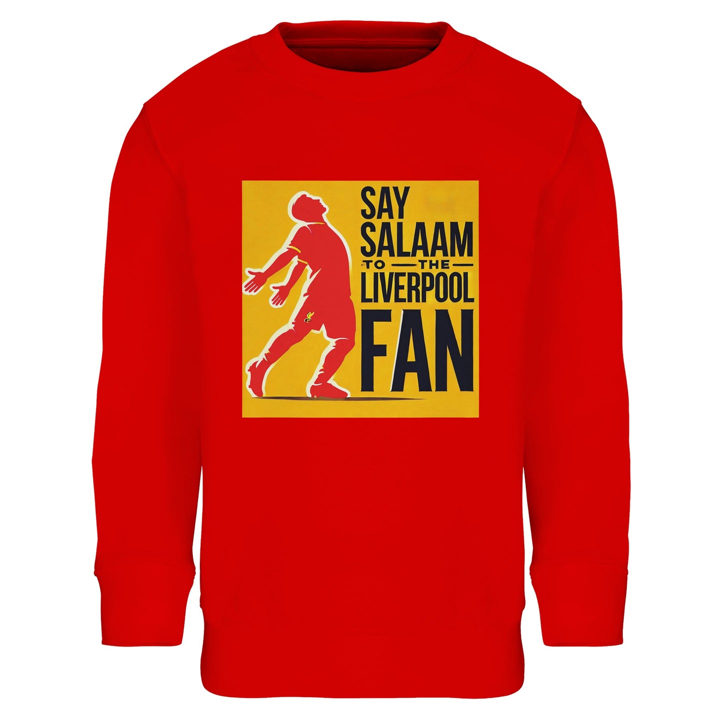 Say Salaam to the Liverpool Fan Design #5 Part-Recycled Cotton-Poly Kids Sweatshirt – Bright Red / Rosso Corsa featuring layered black and white typography inspired by vintage match posters. Soft, modest streetwear for Muslim children who love the Reds, collect stickers, and follow every Premier League fixture. Built for warmth, faith, and football energy – not from the official store. A unisex jumper celebrating the legacy of Liverpool FC and the comfort of community, goals, and good design.