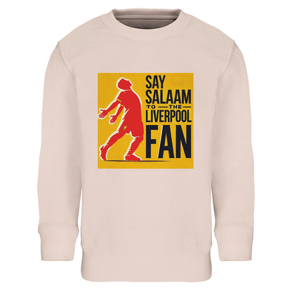 Say Salaam to the Liverpool Fan Design #5 Part-Recycled Cotton-Poly Kids Sweatshirt – Creamy Pink / Oyster Pink featuring smooth lettering in La Salle Green, Brown Red and White. A warm, modest pullover for young Muslim footie fans who follow Liverpool’s story from Anfield to Asia. Designed with softness and sustainability, it’s made for streaming highlights, pre-match prayers, or cheering from home. Unisex, durable, and designed for thoughtful football culture – a nod to faith and the joy of being a Red.