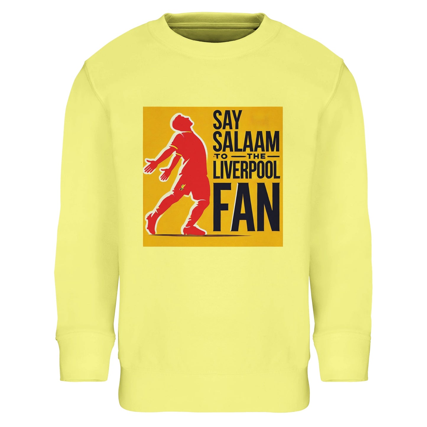 Say Salaam to the Liverpool Fan Design #5 Part-Recycled Cotton-Poly Kids Sweatshirt – Light Yellow / Lemon Chiffon featuring bold typography in deep red and green tones. Modest football jumper for Muslim children cheering on Liverpool or wearing casual team colours to school. Built for warmth, softness, and identity, this streetwear piece celebrates both the Islamic hello and the anthem of Anfield. A faith-aware, sustainable layer made for those who love Salah, matchdays, and meaningful design.