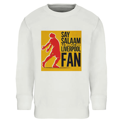 Say Salaam to the Liverpool Fan Design #5 Part-Recycled Cotton-Poly Kids Sweatshirt – White / Platinum featuring bold, layered text in Brown Red, La Salle Green and Charcoal. A modest crewneck jumper for Muslim Liverpool fans who hum ‘You’ll Never Walk Alone’ after school. The soft, sustainable fabric keeps comfort high while showing team passion through a clean, faith-friendly graphic. Not official merch – just thoughtful streetwear for Reds supporters learning Salah’s stats or dreaming of Anfield.