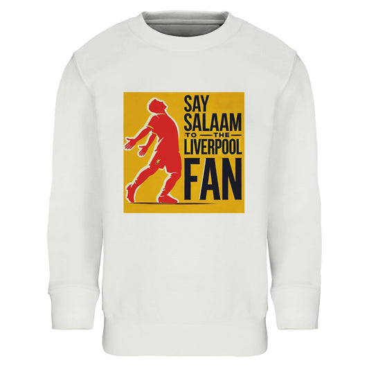 Say Salaam to the Liverpool Fan Design #5 Part-Recycled Cotton-Poly Kids Sweatshirt – White / Platinum featuring bold, layered text in Brown Red, La Salle Green and Charcoal. A modest crewneck jumper for Muslim Liverpool fans who hum ‘You’ll Never Walk Alone’ after school. The soft, sustainable fabric keeps comfort high while showing team passion through a clean, faith-friendly graphic. Not official merch – just thoughtful streetwear for Reds supporters learning Salah’s stats or dreaming of Anfield.