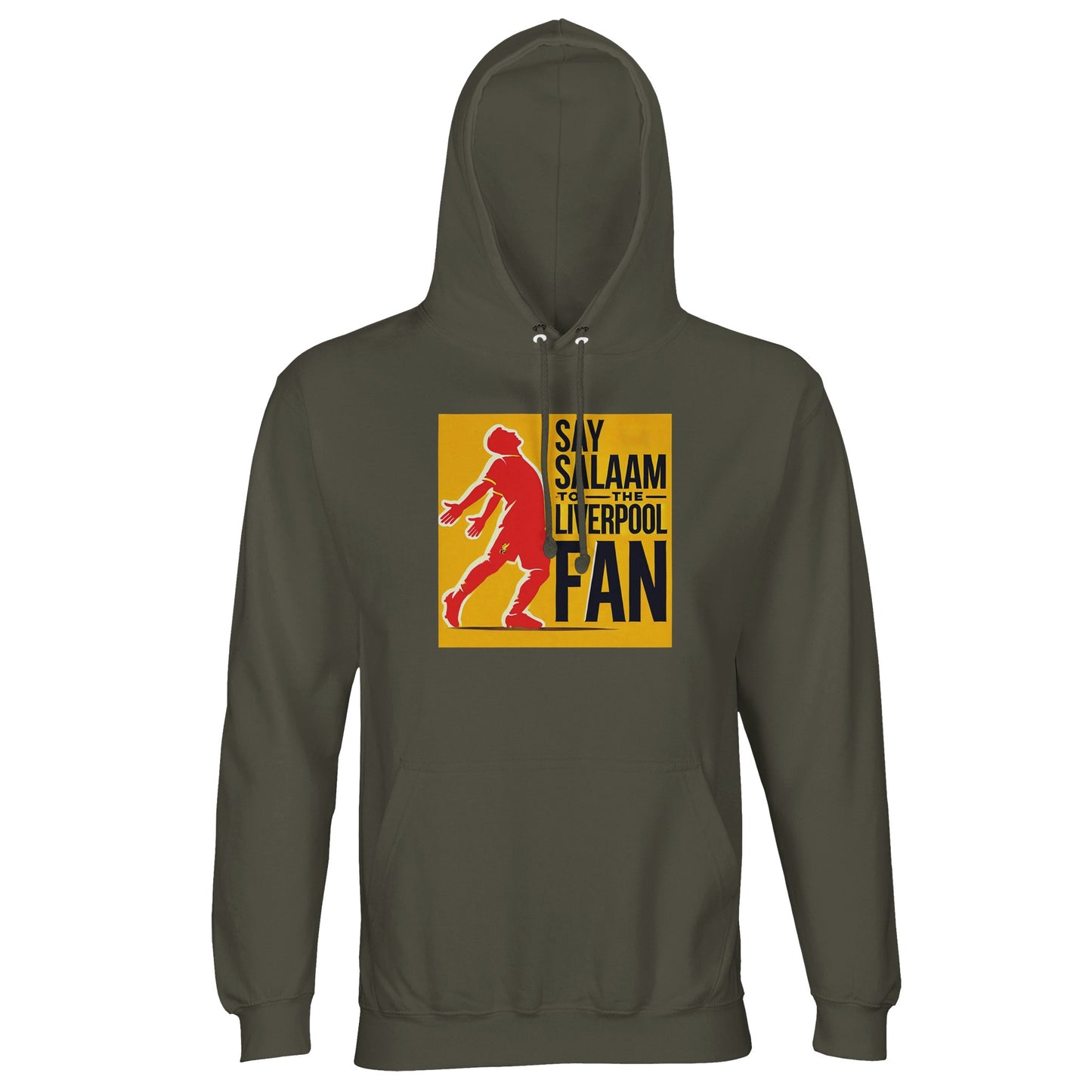 Say Salaam to the Liverpool Fan Design #5 Part-Recycled Unisex Cotton-Poly Hoodie – Army / Olive Drab featuring a red silhouette of Mo Salah mid-celebration, framed in gold and black typography. This hoodie channels Salah’s humility and power — faith and flair stitched together. Designed from a durable cotton-poly blend for warmth, comfort, and conscience, it’s perfect for fans who carry Salah’s balance of belief and brilliance from pitchside chants to peaceful reflection.
