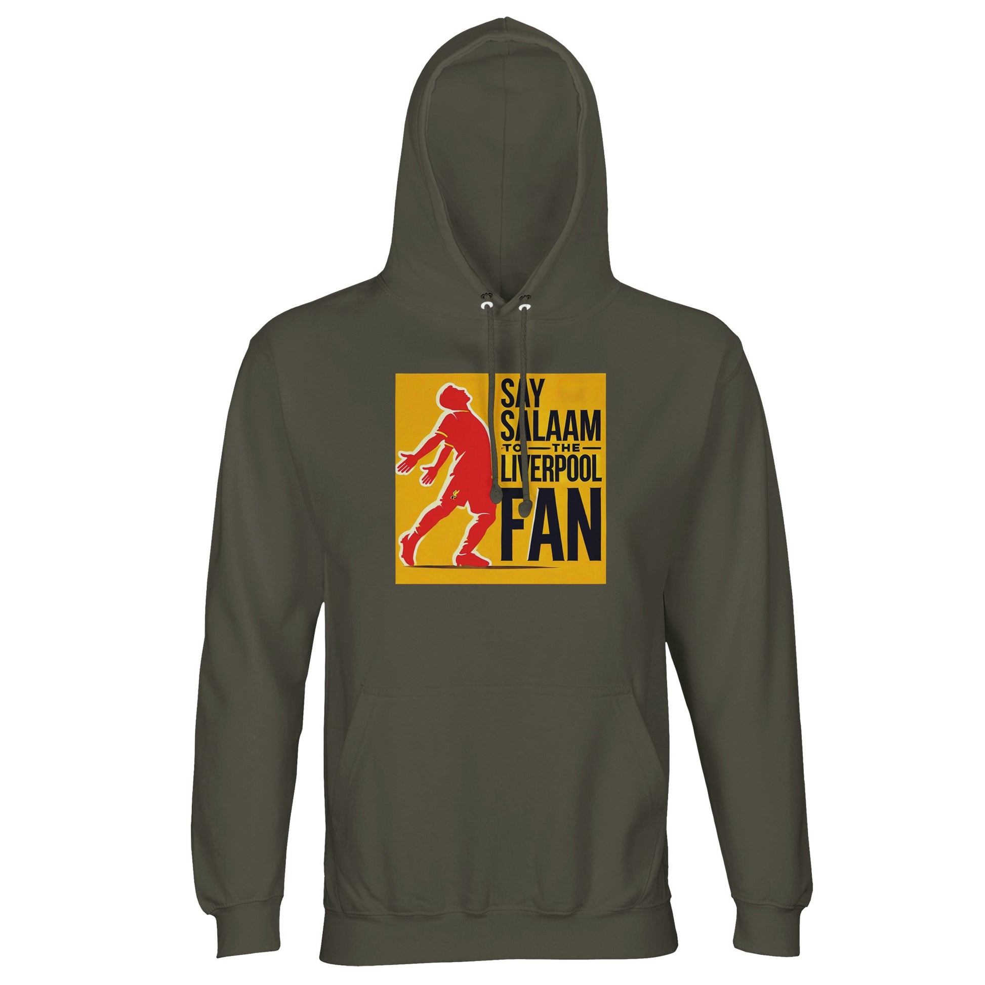 Say Salaam to the Liverpool Fan Design #5 Part-Recycled Unisex Cotton-Poly Hoodie – Army / Olive Drab featuring a red silhouette of Mo Salah mid-celebration, framed in gold and black typography. This hoodie channels Salah’s humility and power — faith and flair stitched together. Designed from a durable cotton-poly blend for warmth, comfort, and conscience, it’s perfect for fans who carry Salah’s balance of belief and brilliance from pitchside chants to peaceful reflection.