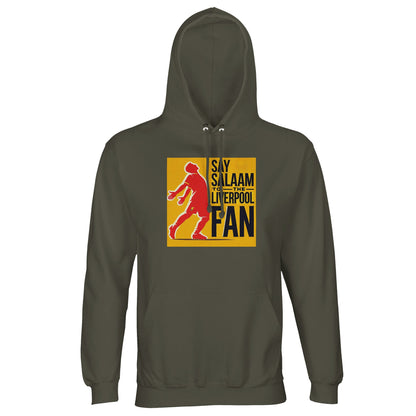 Say Salaam to the Liverpool Fan Design #5 Part-Recycled Unisex Cotton-Poly Hoodie – Army / Olive Drab featuring a red silhouette of Mo Salah mid-celebration, framed in gold and black typography. This hoodie channels Salah’s humility and power — faith and flair stitched together. Designed from a durable cotton-poly blend for warmth, comfort, and conscience, it’s perfect for fans who carry Salah’s balance of belief and brilliance from pitchside chants to peaceful reflection.