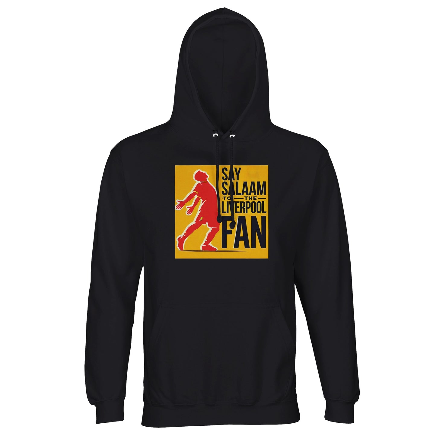 Say Salaam to the Liverpool Fan Design #5 Part-Recycled Unisex Cotton-Poly Hoodie – Black / Onyx featuring the unmistakable red form of Mo Salah in his famous arms-wide celebration, standing over gold and black artwork that nods to his legacy of faith and football. Made from soft recycled cotton-poly fleece for warmth and everyday ease, this unisex hoodie speaks to Muslim fans who admire Salah’s devotion on and off the pitch — a wearable symbol of Salaam and Liverpool pride.