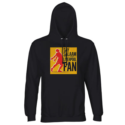 Say Salaam to the Liverpool Fan Design #5 Part-Recycled Unisex Cotton-Poly Hoodie – Black / Onyx featuring the unmistakable red form of Mo Salah in his famous arms-wide celebration, standing over gold and black artwork that nods to his legacy of faith and football. Made from soft recycled cotton-poly fleece for warmth and everyday ease, this unisex hoodie speaks to Muslim fans who admire Salah’s devotion on and off the pitch — a wearable symbol of Salaam and Liverpool pride.