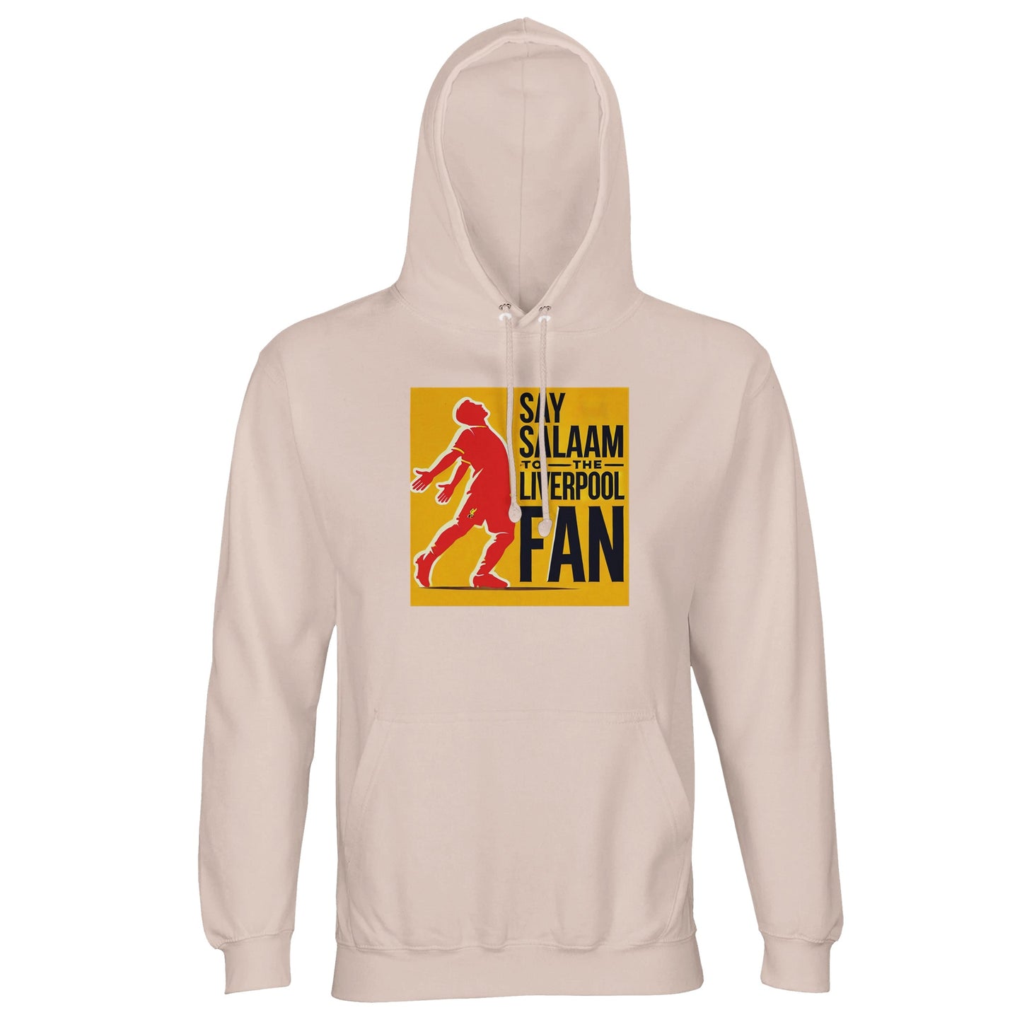 Say Salaam to the Liverpool Fan Design #5 Part-Recycled Unisex Cotton-Poly Hoodie – Creamy Pink / Soft Blush featuring Mo Salah’s iconic celebration silhouette printed in red across a gold background. Blending modest style and Liverpool pride, this hoodie celebrates the Egyptian King Mohamed Salah’s balance of faith, humility, and confidence. Crafted from 80% cotton and 20% recycled polyester, it’s soft, warm, and easy to care for — made for Muslim fans who live by prayer, passion, and the power of Salaam.