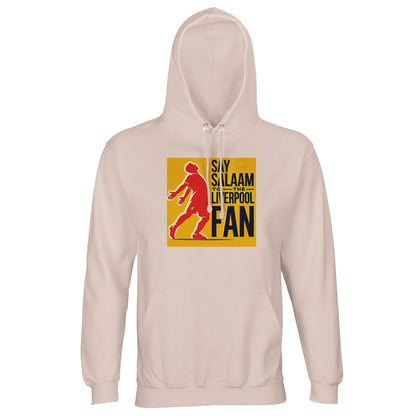 Say Salaam to the Liverpool Fan Design #5 Part-Recycled Unisex Cotton-Poly Hoodie – Creamy Pink / Soft Blush featuring Mo Salah’s iconic celebration silhouette printed in red across a gold background. Blending modest style and Liverpool pride, this hoodie celebrates the Egyptian King Mohamed Salah’s balance of faith, humility, and confidence. Crafted from 80% cotton and 20% recycled polyester, it’s soft, warm, and easy to care for — made for Muslim fans who live by prayer, passion, and the power of Salaam.