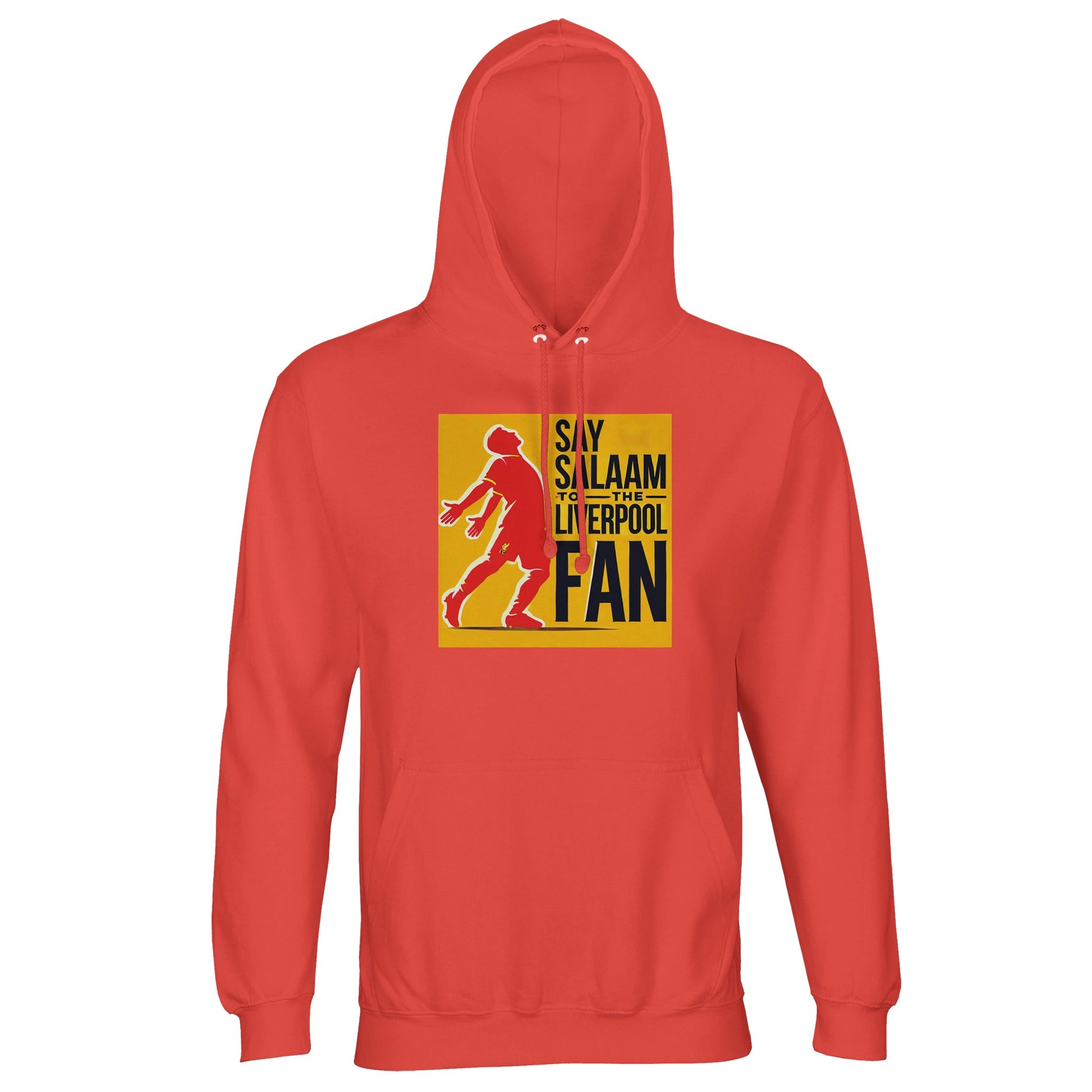 Say Salaam to the Liverpool Fan Design #5 Part-Recycled Unisex Cotton-Poly Hoodie – Pop Orange / Stadium Flare featuring Mo Salah’s open-arm pose immortalised in vivid red and gold print. Made from 80% cotton and 20% recycled polyester, this hoodie radiates Salah’s energy and faith, from Anfield nights to weekend kickabouts. A bold expression for Muslim Liverpool fans who cheer with conviction, pray with gratitude, and live the message of Salaam — uniting belief, sport, and style.