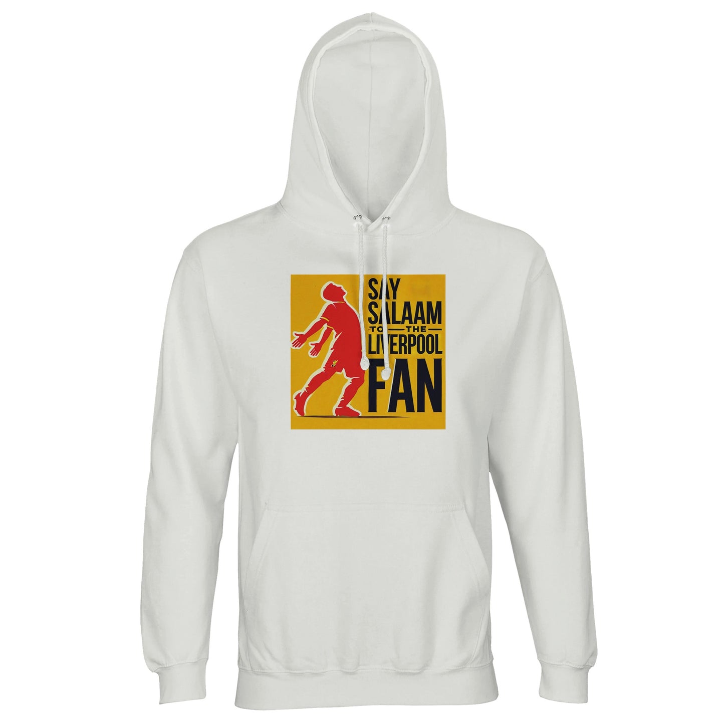 Say Salaam to the Liverpool Fan Design #5 Part-Recycled Unisex Cotton-Poly Hoodie – White / Platinum featuring Mo Salah’s signature open-arm celebration illustrated in bold red against a golden block with black text. Crafted from 80% cotton and 20% recycled polyester, it brings warmth and spirit to Muslim football fans who cheer through every Sujood and matchday roar. Soft, breathable, and made for modest comfort — a hoodie that blends Salah’s faith, Liverpool fire, and a universal Salaam.