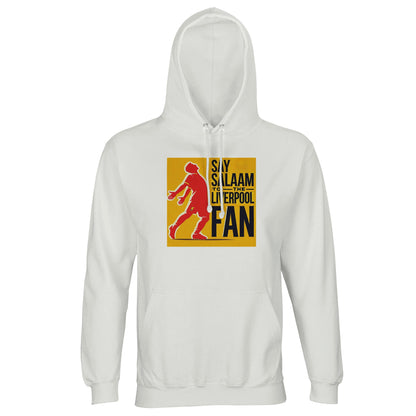 Say Salaam to the Liverpool Fan Design #5 Part-Recycled Unisex Cotton-Poly Hoodie – White / Platinum featuring Mo Salah’s signature open-arm celebration illustrated in bold red against a golden block with black text. Crafted from 80% cotton and 20% recycled polyester, it brings warmth and spirit to Muslim football fans who cheer through every Sujood and matchday roar. Soft, breathable, and made for modest comfort — a hoodie that blends Salah’s faith, Liverpool fire, and a universal Salaam.