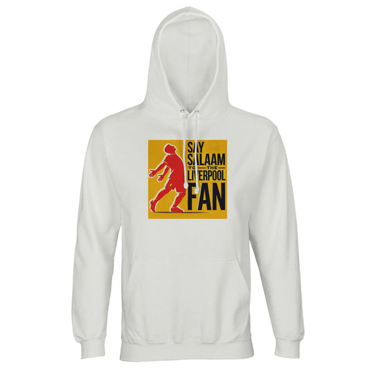 Say Salaam to the Liverpool Fan Design #5 Part-Recycled Unisex Cotton-Poly Hoodie – White / Platinum featuring Mo Salah’s signature open-arm celebration illustrated in bold red against a golden block with black text. Crafted from 80% cotton and 20% recycled polyester, it brings warmth and spirit to Muslim football fans who cheer through every Sujood and matchday roar. Soft, breathable, and made for modest comfort — a hoodie that blends Salah’s faith, Liverpool fire, and a universal Salaam.