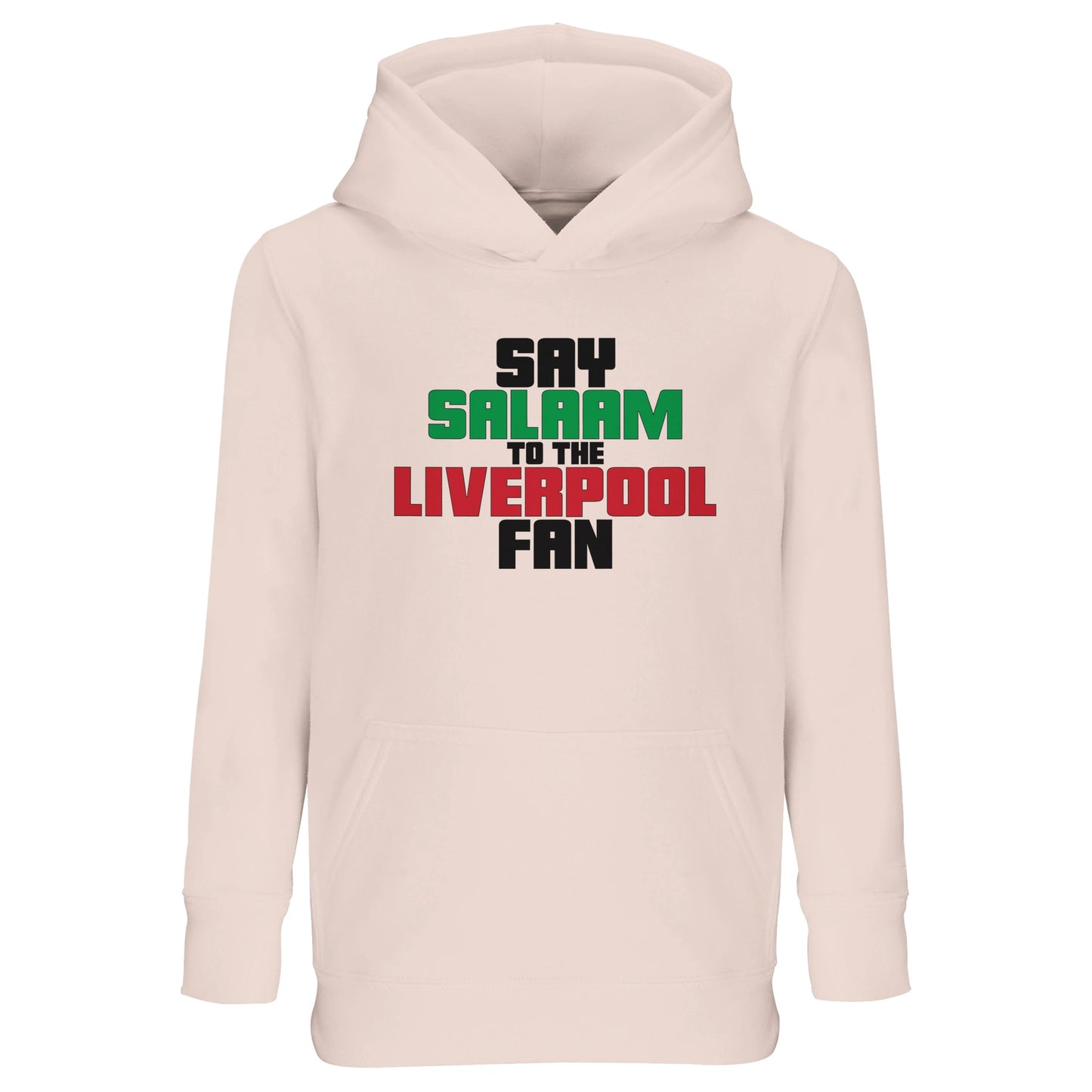 Say Salaam to the Liverpool Fan Original Part-Recycled Cotton-Poly Kids Hoodie – Creamy Pink / Oyster Pink featuring bold, text-based design in Black, La Salle Green and Brown Red. In this essential hooded top / jumper, check Salah’s stats, sing ‘You’ll Never Walk Alone’, or follow match updates, for the Reds – your 2019 Champions League winners and six-time European Cup holders. For young LFC fans at Anfield, including those in the Supporters Club or following prayer times at mosques like Al Rahma.