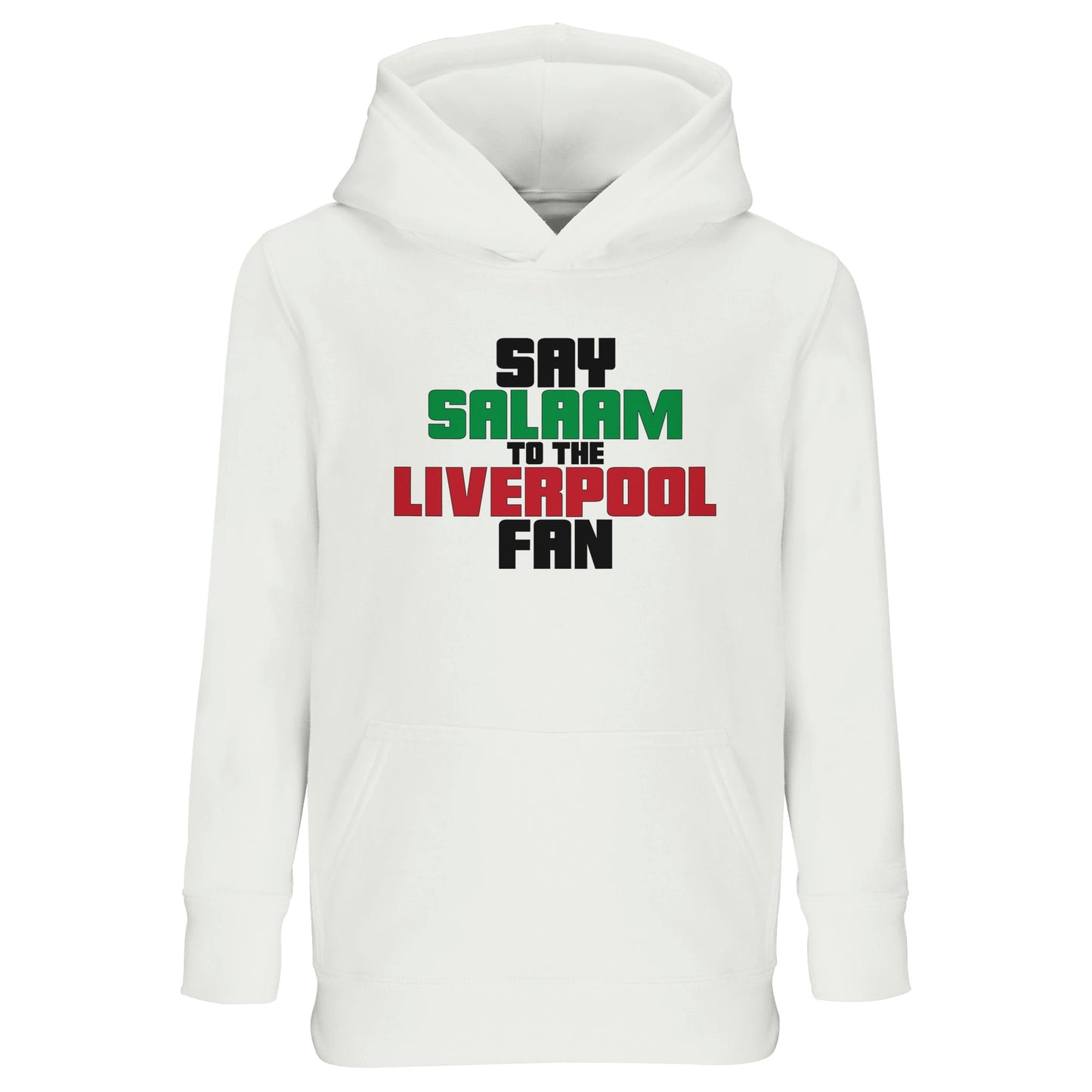 Say Salaam to the Liverpool Fan Original Part-Recycled Cotton-Poly Kids Hoodie – White / Platinum featuring bold, text-based design in Black, La Salle Green and Brown Red. In this essential hooded jumper, check Salah’s stats, sing ‘You’ll Never Walk Alone’, or follow match updates, for the Reds – your 2019 Champions League winners and six-time European Cup holders. For young LFC fans at Anfield, including those in the Supporters Club or following prayer times at mosques like Al Rahma.