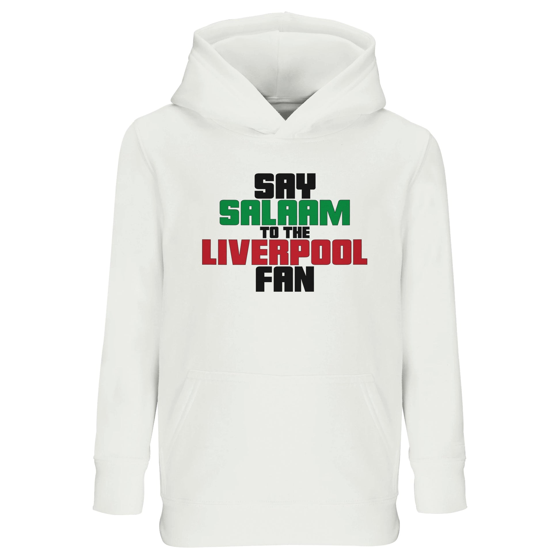 Say Salaam to the Liverpool Fan Original Part-Recycled Cotton-Poly Kids Hoodie – White / Platinum featuring bold, text-based design in Black, La Salle Green and Brown Red. In this essential hooded jumper, check Salah’s stats, sing ‘You’ll Never Walk Alone’, or follow match updates, for the Reds – your 2019 Champions League winners and six-time European Cup holders. For young LFC fans at Anfield, including those in the Supporters Club or following prayer times at mosques like Al Rahma.