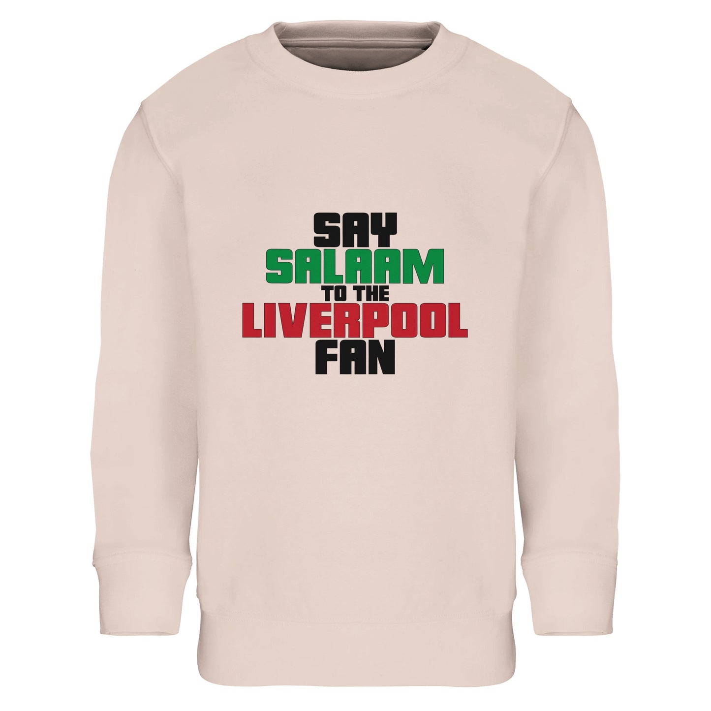 Say Salaam to the Liverpool Fan Original Part-Recycled Cotton-Poly Kids Sweatshirt – Creamy Pink / Oyster Pink featuring bold, text-based design in Black, La Salle Green and Brown Red. This children’s streetwear-style jumper celebrates the Reds – from Anfield chants to the 2019 Champions League win. For young fans checking scores, following Mo Salah’s stats, or learning the anthem — whether watching live, replaying highlights, or scrolling team news between prayer times at mosques like Al Rahma.