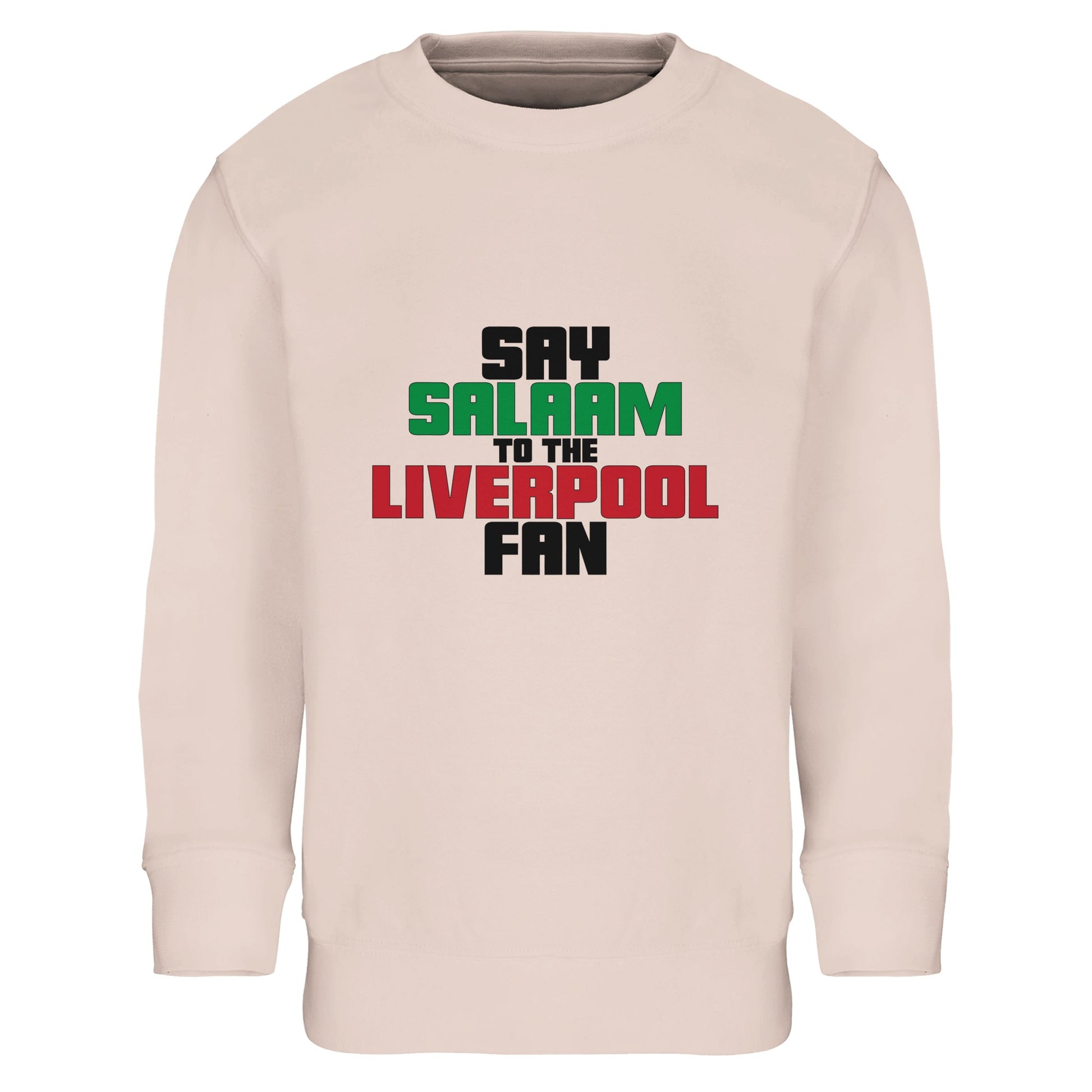 Say Salaam to the Liverpool Fan Original Part-Recycled Cotton-Poly Kids Sweatshirt – Creamy Pink / Oyster Pink featuring bold, text-based design in Black, La Salle Green and Brown Red. This children’s streetwear-style jumper celebrates the Reds – from Anfield chants to the 2019 Champions League win. For young fans checking scores, following Mo Salah’s stats, or learning the anthem — whether watching live, replaying highlights, or scrolling team news between prayer times at mosques like Al Rahma.