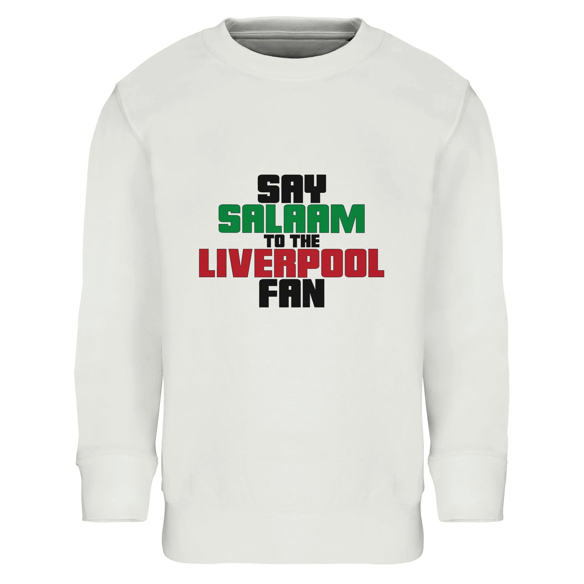 Say Salaam to the Liverpool Fan Original Part-Recycled Cotton-Poly Kids Sweatshirt – White / Platinum featuring bold, text-based design in Black, La Salle Green and Brown Red. This children’s streetwear-style jumper celebrates the Reds – from Anfield chants to the 2019 Champions League win. For young fans checking scores, following Mo Salah’s stats, or learning the anthem — whether watching live, replaying highlights, or scrolling team news between prayer times at mosques like Al Rahma.
