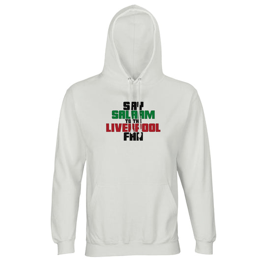 Say Salaam to the Liverpool Fan Original Part-Recycled Unisex Cotton-Poly Adults Hoodie – White / Platinum featuring bold, text-based design in Black, La Salle Green and Brown Red. Whether looking for Liverpool match tickets for Anfield, checking on Mo Salah’s stats and contract news, this celebrates the Reds – your 2019 Champions League winners and six-time European Cup holders. For Liverpool FC supporters, including those in the Supporters Club or following prayer times at mosques like Al Rahma.
