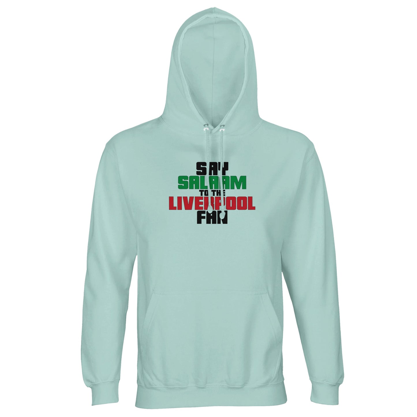 Say Salaam to the Liverpool Fan Original Part-Recycled Unisex Cotton-Poly Adults Hoodie – Arctic Blue / Cadet Blue featuring bold, text-based design in Black, La Salle Green and Brown Red. Whether looking for Liverpool match tickets for Anfield, checking on Mo Salah’s stats and contract news, this celebrates the Reds – your 2019 Champions League winners and six-time European Cup holders. For Liverpool FC supporters, including those in the Supporters Club or following prayer times at mosques like Al Rahma.