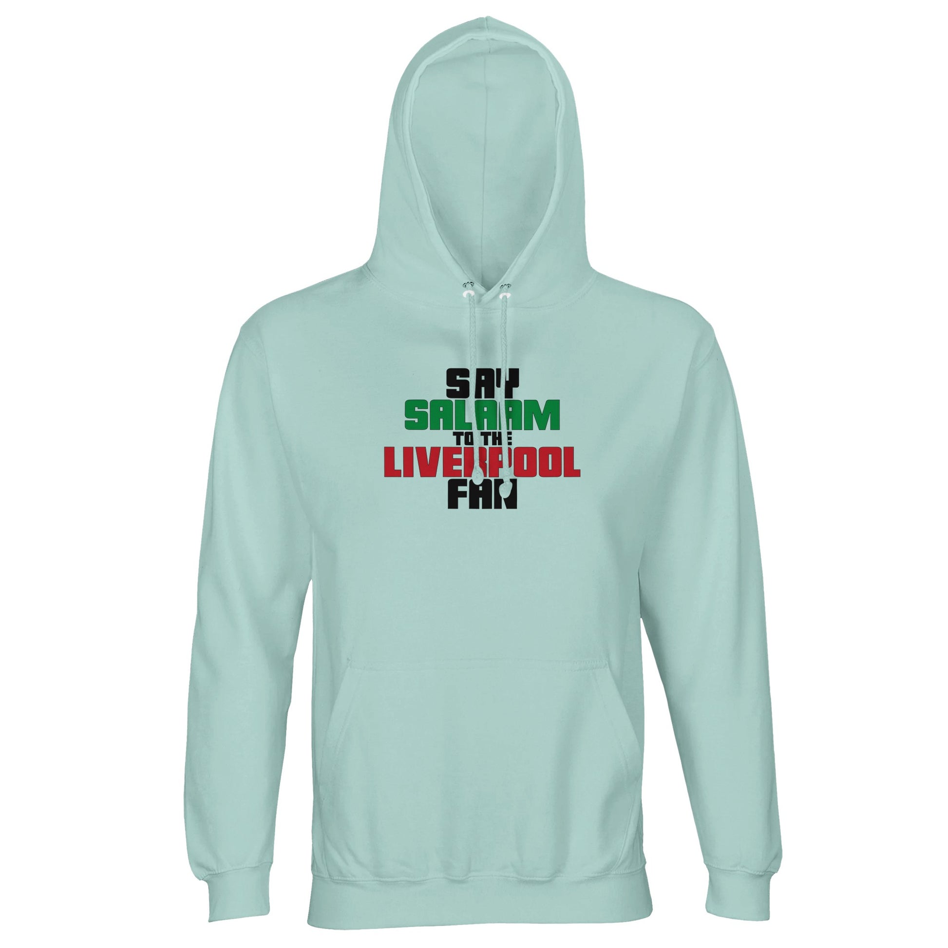 Say Salaam to the Liverpool Fan Original Part-Recycled Unisex Cotton-Poly Adults Hoodie – Arctic Blue / Cadet Blue featuring bold, text-based design in Black, La Salle Green and Brown Red. Whether looking for Liverpool match tickets for Anfield, checking on Mo Salah’s stats and contract news, this celebrates the Reds – your 2019 Champions League winners and six-time European Cup holders. For Liverpool FC supporters, including those in the Supporters Club or following prayer times at mosques like Al Rahma.