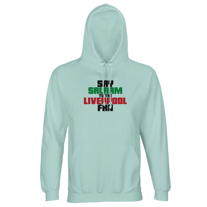 Say Salaam to the Liverpool Fan Original Part-Recycled Unisex Cotton-Poly Adults Hoodie – Arctic Blue / Cadet Blue featuring bold, text-based design in Black, La Salle Green and Brown Red. Whether looking for Liverpool match tickets for Anfield, checking on Mo Salah’s stats and contract news, this celebrates the Reds – your 2019 Champions League winners and six-time European Cup holders. For Liverpool FC supporters, including those in the Supporters Club or following prayer times at mosques like Al Rahma.