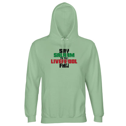 Say Salaam to the Liverpool Fan Original Part-Recycled Unisex Cotton-Poly Adults Hoodie – Creamy Green / Greenish Grey featuring bold, text-based design in Black, La Salle Green and Brown Red. Whether looking for Liverpool match tickets for Anfield, checking on Mo Salah’s stats and contract news, this celebrates the Reds – 2019 Champions League winners and six-time European Cup holders. For Liverpool FC supporters, including those in the Supporters Club or following prayer times at mosques like Al Rahma.