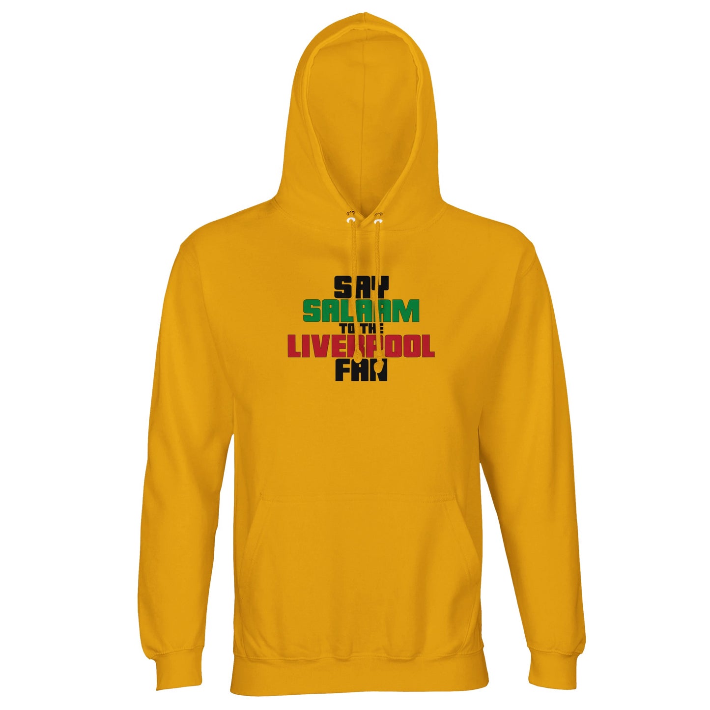 Say Salaam to the Liverpool Fan Original Part-Recycled Unisex Cotton-Poly Adults Hoodie – Gold / Gamboge featuring bold, text-based design in Black, La Salle Green and Brown Red. Whether looking for Liverpool match tickets for Anfield, checking on Mo Salah’s stats and contract news, this celebrates the Reds – your 2019 Champions League winners and six-time European Cup holders. For Liverpool FC supporters, including those in the Supporters Club or following prayer times at mosques like Al Rahma.