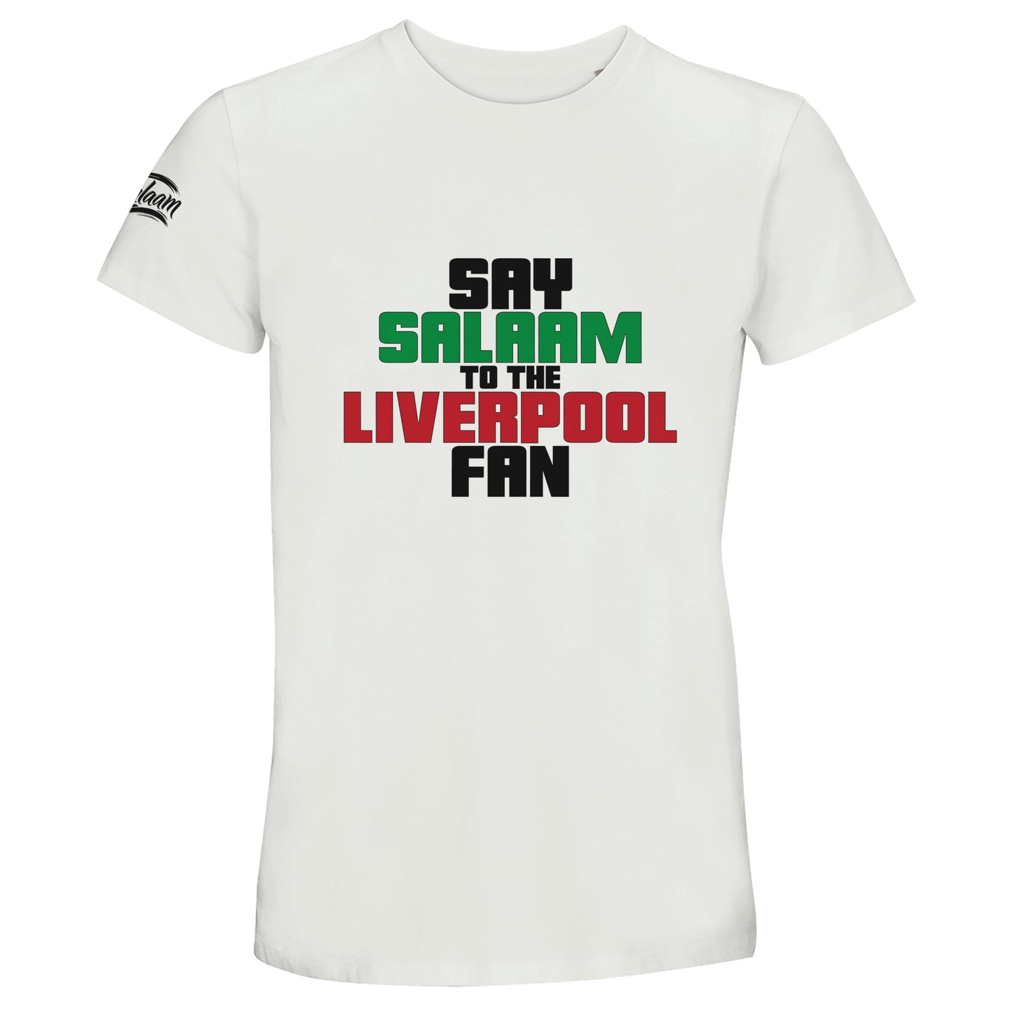 Say Salaam to the Liverpool Fan Original Recycled Unisex Cotton T-Shirt. White / Platinum shirt featuring bold, text-based design in Black, La Salle Green and Brown Red. Whether you're looking for Liverpool match tickets for Anfield, staying updated on Mo Salah’s stats and contract news, this celebrates the Reds – your 2019 Champions League winners and six-time European Cup holders. For Liverpool FC supporters, including those in the Supporters Club or following prayer times at mosques like Al Rahma.