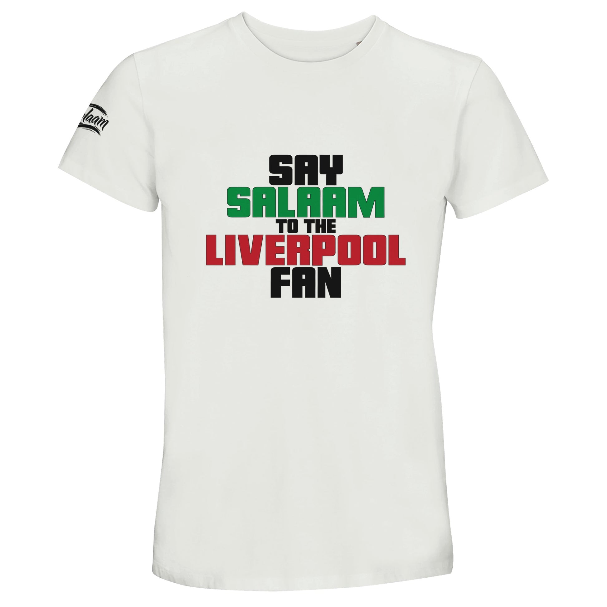 Say Salaam to the Liverpool Fan Original Recycled Unisex Cotton T-Shirt. White / Platinum shirt featuring bold, text-based design in Black, La Salle Green and Brown Red. Whether you're looking for Liverpool match tickets for Anfield, staying updated on Mo Salah’s stats and contract news, this celebrates the Reds – your 2019 Champions League winners and six-time European Cup holders. For Liverpool FC supporters, including those in the Supporters Club or following prayer times at mosques like Al Rahma.