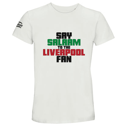 Say Salaam to the Liverpool Fan Original Recycled Unisex Cotton T-Shirt. White / Platinum shirt featuring bold, text-based design in Black, La Salle Green and Brown Red. Whether you're looking for Liverpool match tickets for Anfield, staying updated on Mo Salah’s stats and contract news, this celebrates the Reds – your 2019 Champions League winners and six-time European Cup holders. For Liverpool FC supporters, including those in the Supporters Club or following prayer times at mosques like Al Rahma.