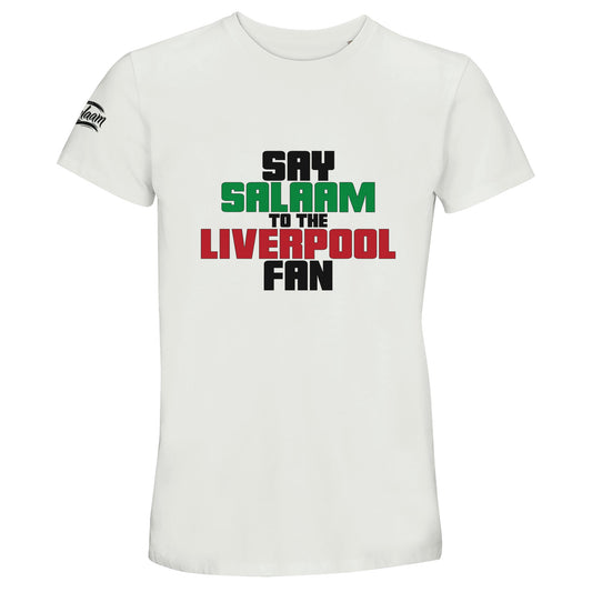 Say Salaam to the Liverpool Fan Original Recycled Unisex Cotton T-Shirt. White / Platinum shirt featuring bold, text-based design in Black, La Salle Green and Brown Red. Whether you're looking for Liverpool match tickets for Anfield, staying updated on Mo Salah’s stats and contract news, this celebrates the Reds – your 2019 Champions League winners and six-time European Cup holders. For Liverpool FC supporters, including those in the Supporters Club or following prayer times at mosques like Al Rahma.