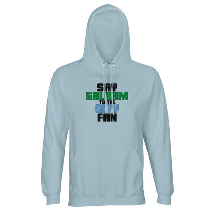 Say Salaam to the Manchester City Fan Original Part Recycled Poly-Cotton Hoodie. Arctic Blue / Cadet Blue hooded top featuring bold, text-based design in Black, La Salle Green, and then Sky Blue - reflecting Man City’s colours. A fusion of football passion, faith, and sustainable fashion for supporters of Pep Guardiola's 2024 Premier League champions.