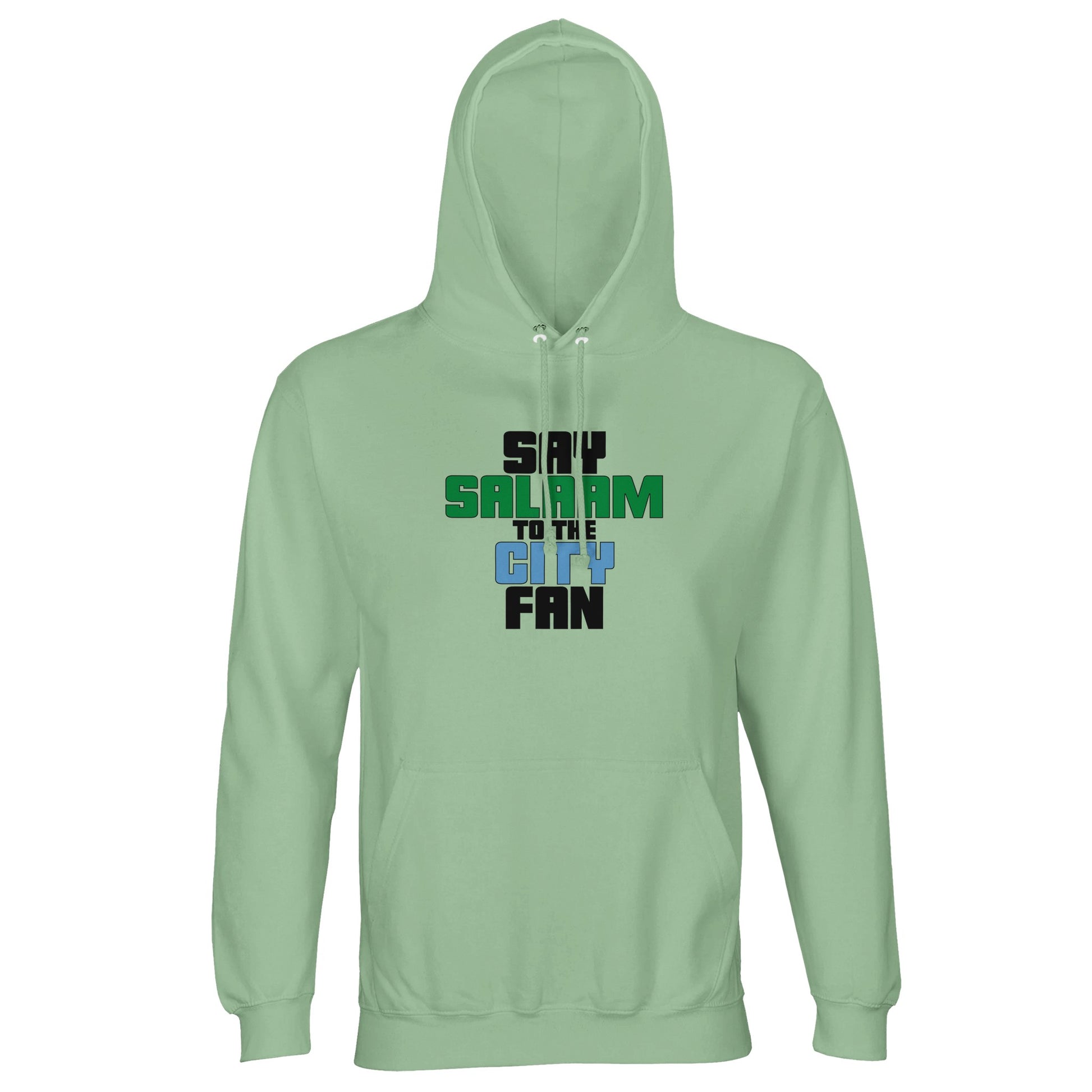 Say Salaam to the Manchester City Fan Original Part Recycled Poly-Cotton Hoodie. Creamy Green / Greenish Grey hooded top featuring bold, text-based design in Black, La Salle Green, and then Sky Blue - reflecting Man City’s colours. A fusion of football passion, faith, and sustainable fashion for supporters of Pep Guardiola's 2024 Premier League champions.