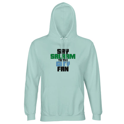 Say Salaam to the Manchester City Fan Original Part Recycled Poly-Cotton Hoodie. Frozen Green / Opal hooded top featuring bold, text-based design in Black, La Salle Green, and then Sky Blue - reflecting Man City’s colours. A fusion of football passion, faith, and sustainable fashion for supporters of Pep Guardiola's 2024 Premier League champions.