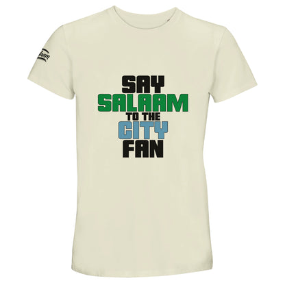 Say Salaam to the Manchester City Fan Original Recycled Unisex Cotton T-Shirt. Natural / Moon Mist / Satin Linen t-shirt featuring bold, text-based design in Black, La Salle Green, and then Sky Blue - reflecting Man City’s colours. A fusion of football passion, faith, and sustainable fashion for supporters of Pep Guardiola's 2024 Premier League champions.