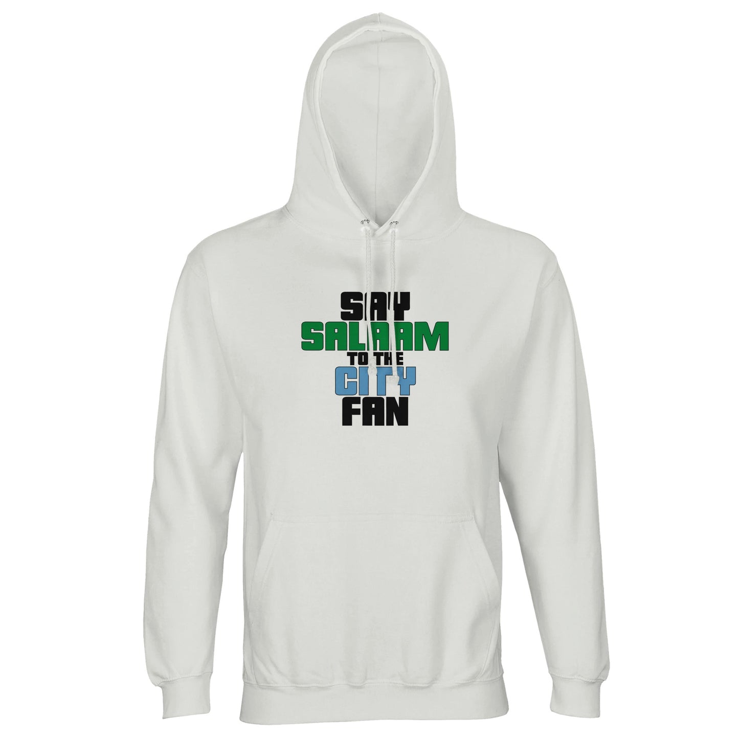 Say Salaam to the Manchester City Fan Original Part Recycled Poly-Cotton Hoodie. White / Platinum hooded top featuring bold, text-based design in Black, La Salle Green, and then Sky Blue - reflecting Man City’s colours. A fusion of football passion, faith, and sustainable fashion for supporters of Pep Guardiola's 2024 Premier League champions.